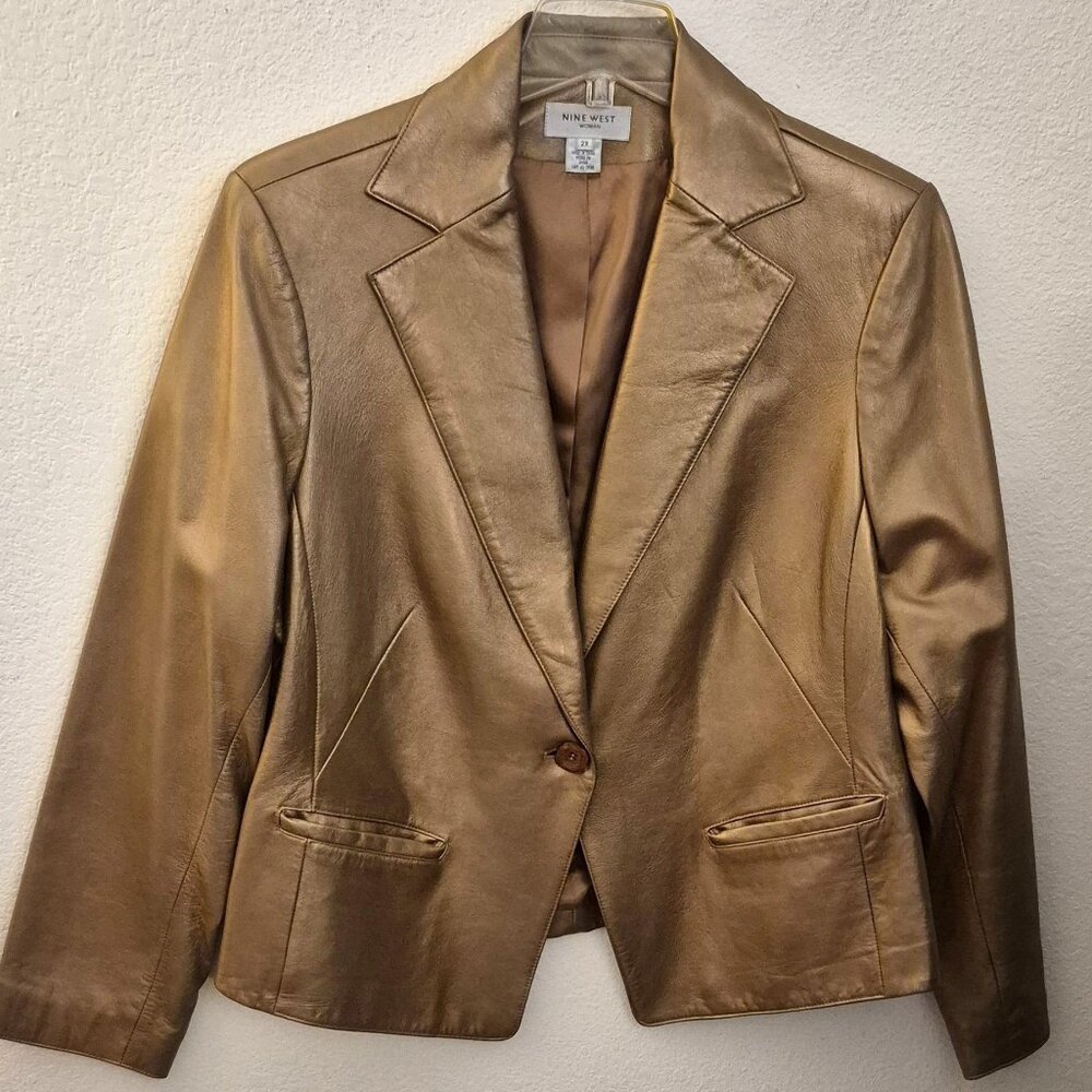 Nine West Gold Genuine Leather Fully Lined Blazer Jacket Pockets 2X EUC